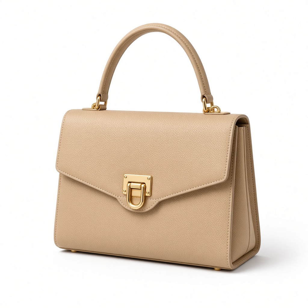 Structured tan women's handbag with a top handle and gold clasp