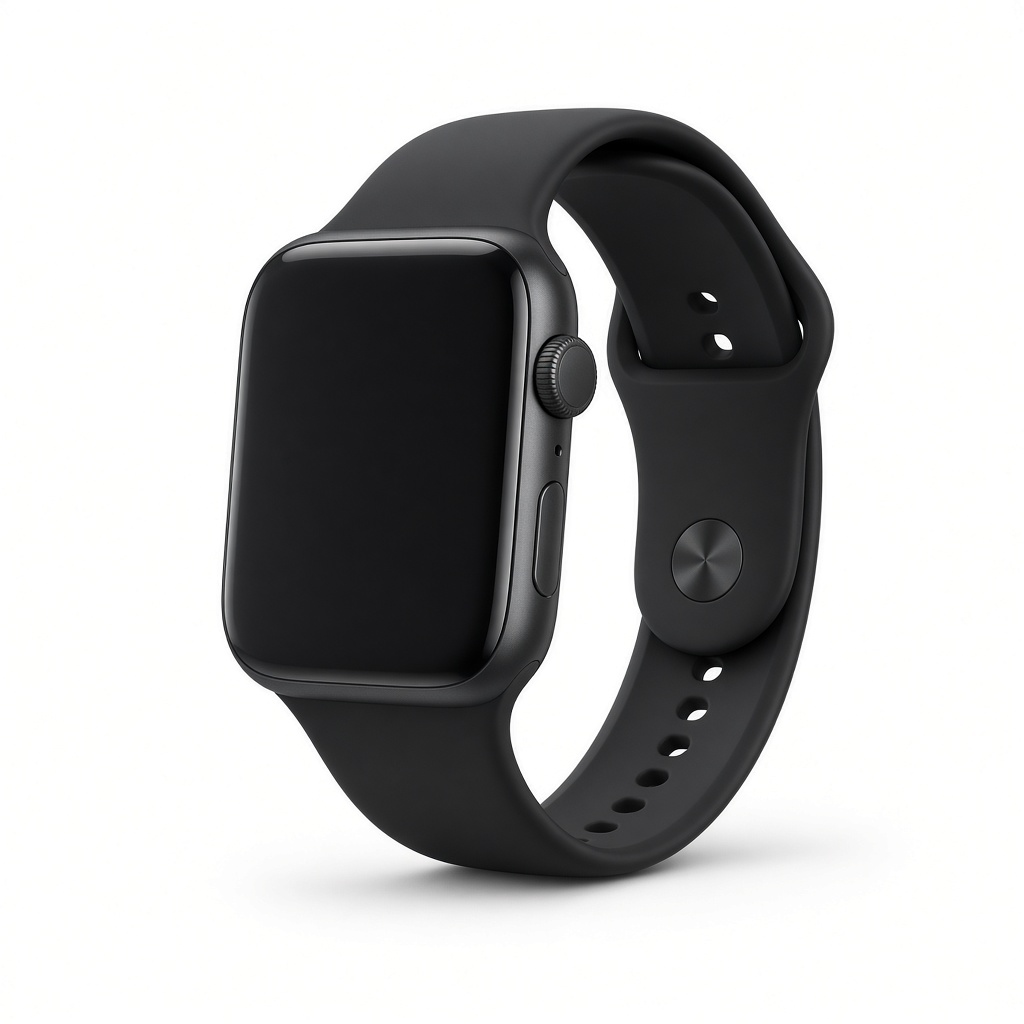 Black smartwatch with a square face and sport band