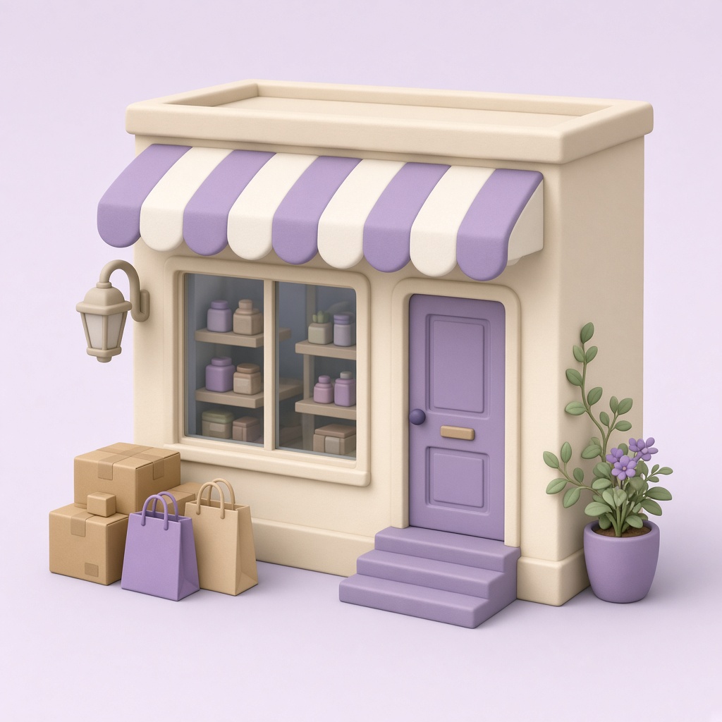 Illustrated shop with a purple striped awning, parcels, and shopping bags